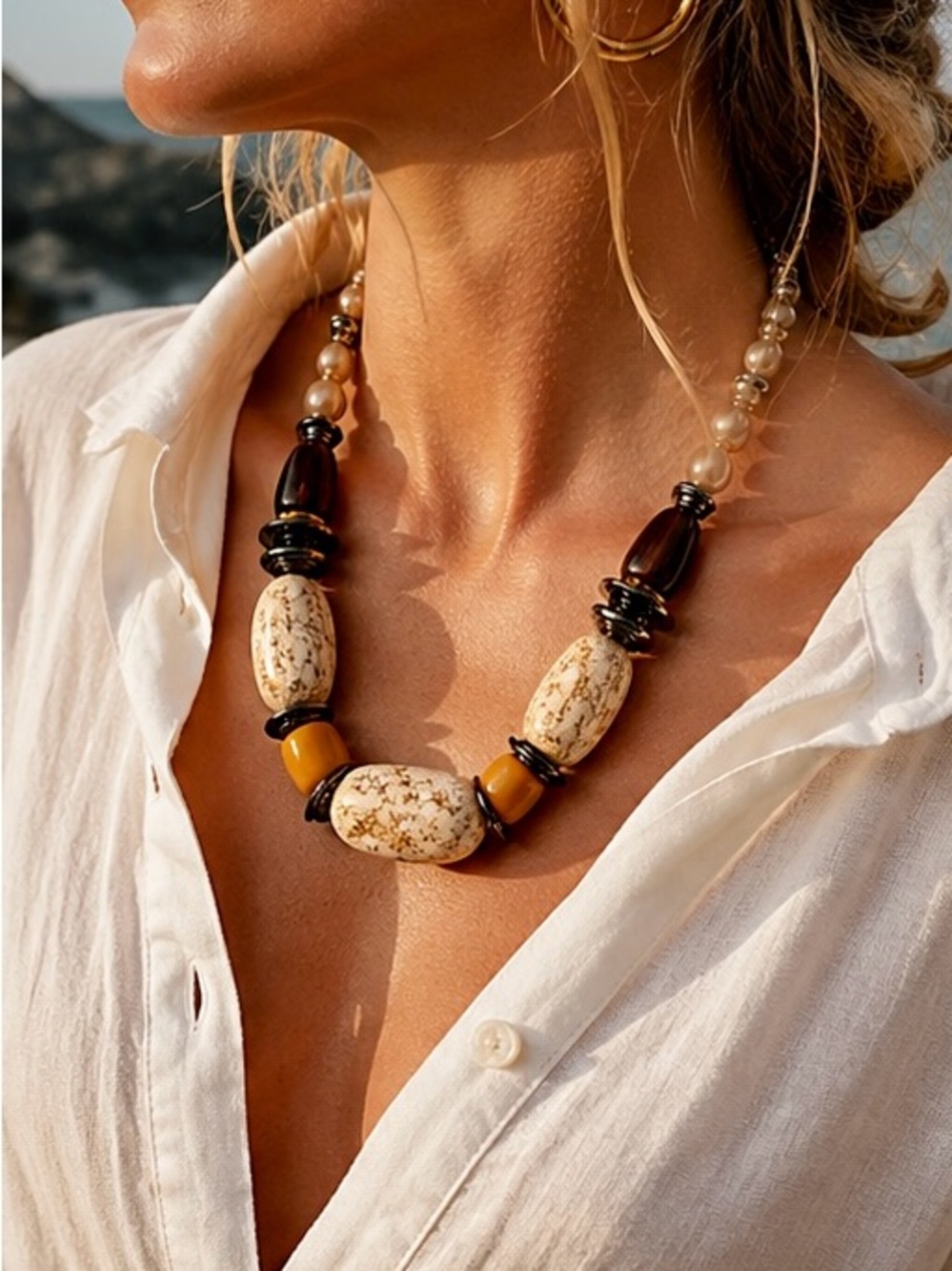 Artisan Neutral Statement Necklace | Sculptural Beaded Resort Piece